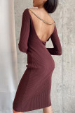 Black Sexy Solid Chains Backless Boat Neck Straight Dresses