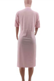 Pink Fashion Casual Letter Print Basic V Neck Short Sleeve Dress