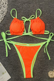 Orange Sexy Patchwork Draw String Contrast Swimwears