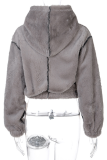 Grey Casual Solid Split Joint Hooded Collar Tops