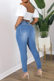 Light Blue Casual Solid Ripped High Waist Skinny Denim Jeans