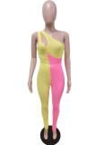 Yellow Fashion Sexy Patchwork Hollowed Out Backless One Shoulder Skinny Jumpsuits