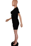 Black Fashion Casual adult Ma'am Letter Two Piece Suits Straight Short Sleeve Two Pieces