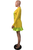 Yellow Casual Solid Split Joint Turndown Collar A Line Dresses