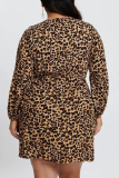 Leopard Print Sexy Print Split Joint V Neck Cake Skirt Plus Size Dresses