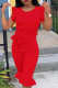 Red Casual Solid Flounce O Neck Regular Rompers