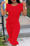 Tangerine Red Casual Solid Flounce O Neck Regular Rompers