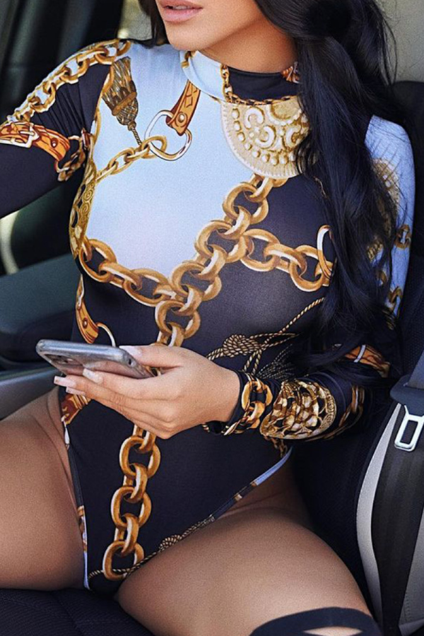 Black Sexy Print Split Joint Half A Turtleneck Skinny Jumpsuits