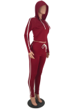 Red Casual Solid Draw String Hooded Collar Long Sleeve Two Pieces