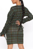 Green Fashion Sexy Casual Daily Linen Plaid Patchwork Print Split Joint Draw String Fold Basic O Neck Long Sleeve Mini A Line Dresses