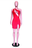 Red Fashion Sexy Solid Hollowed Out Backless One Shoulder Sleeveless Dress