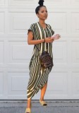 Olive green Casual O-Neck Short Sleeve Loose Middle length skirt Print Dresses