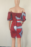 Wine Red Sexy Print Patchwork Bateau Neck Pencil Skirt Dresses