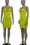Yellow Sexy Solid Hollowed Out Patchwork Backless Asymmetrical Collar Pencil Skirt Dresses