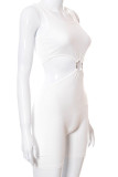 Cream White Sexy Solid Hollowed Out Patchwork U Neck Skinny Rompers