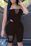 Blue Casual Solid Ripped Strapless Sleeveless Two Pieces