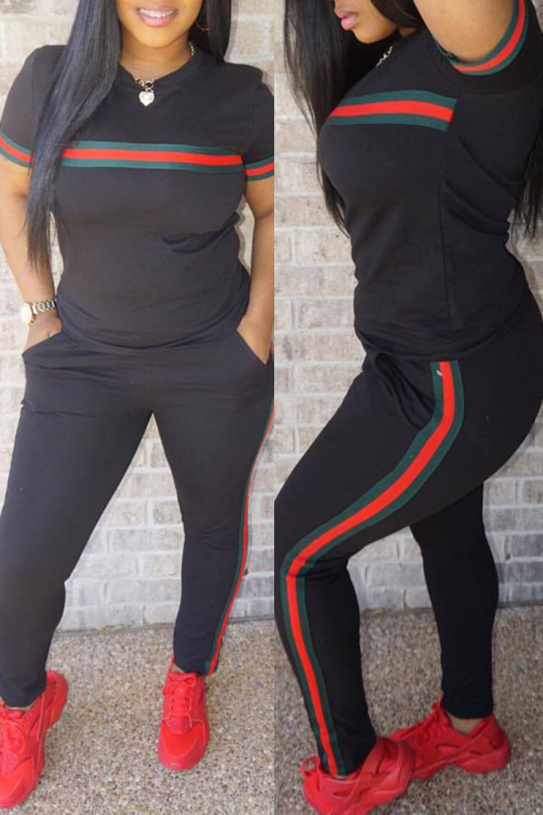 Black Fashion Patchwork Basic O Neck Short Sleeve Two Pieces