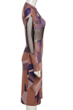 Brown Casual Print Patchwork O Neck Pencil Skirt Dresses
