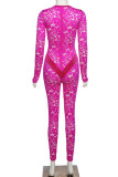 Rose Red Sexy Patchwork Hollowed Out O Neck Skinny Jumpsuits