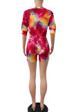 Red Casual Tie Dye Bandage Patchwork O Neck Half Sleeve Two Pieces