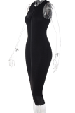Black Sexy Solid Slit Zipper Collar Pencil Skirt Dresses