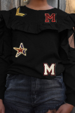 Black Casual Print Hollowed Out Letter O Neck Tops