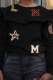 Black Casual Print Hollowed Out Letter O Neck Tops