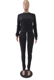 Pink Casual Solid Draw String O Neck Long Sleeve Two Pieces