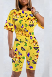 Yellow Casual Butterfly Print Patchwork O Neck Short Sleeve Two Pieces