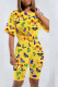 Yellow Casual Butterfly Print Patchwork O Neck Short Sleeve Two Pieces