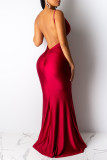 Red Fashion Sexy Solid Backless Spaghetti Strap Evening Dress