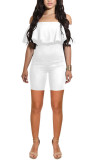 White Fashion street Ruffled Solid Milk. Short Sleeve one word collar Jumpsuits