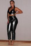 Black PU Sexy Fashion Bandage Solid Sequin Slim fit crop top Skinny Two-Piece Short Set