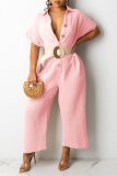 Pink Casual Solid Split Joint Turndown Collar Straight Jumpsuits(Without Belt)