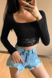 Black O Neck Long Sleeve Patchwork Solid Mesh lace HOLLOWED OUT crop top Tops
