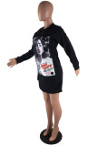 Black Sexy Print Patchwork O Neck A Line Dresses