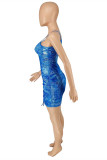 Blue Fashion Sexy Print Backless Fold Spaghetti Strap Sleeveless Dress