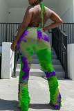 Purple and green Fashion Sexy adult Ma'am Print Tie Dye Draped Two Piece Suits Straight Sleeveless Two Pieces