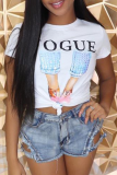 White Casual Print Patchwork O Neck Tops