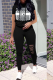 Black Casual Print Patchwork Hooded Collar Short Sleeve Two Pieces
