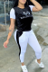 Black Casual Print Patchwork O Neck Short Sleeve Two Pieces