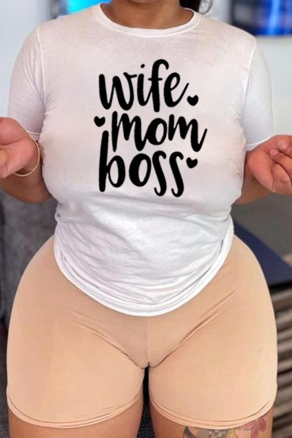 White Fashion Casual Letter Print Basic O Neck T-Shirts