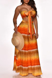 Yellow Fashion Sexy Print Backless Strapless Sleeveless Two Pieces