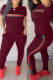Burgundy Fashion Patchwork Basic O Neck Short Sleeve Two Pieces