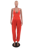Tangerine Red Sexy Casual Solid Backless Spaghetti Strap Regular Jumpsuits