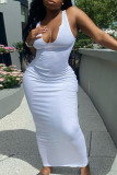 White Casual Daily Solid Split Joint V Neck A Line Dresses