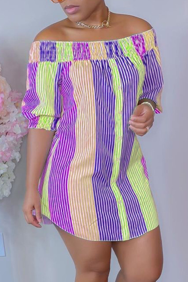 Purple Casual Striped Split Joint Off the Shoulder Straight Dresses