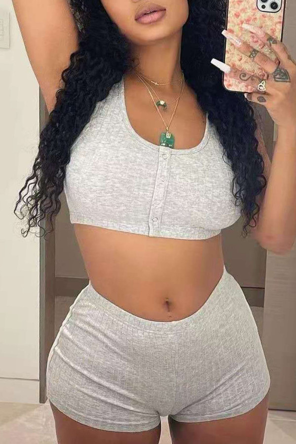 Grey Casual Solid Patchwork U Neck Sleeveless Two Pieces