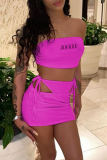Pink Sexy Print Patchwork Off the Shoulder Sleeveless Two Pieces