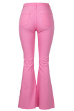 Pink Denim Zipper Fly Button Fly Mid Hole Patchwork Boot Cut Pants